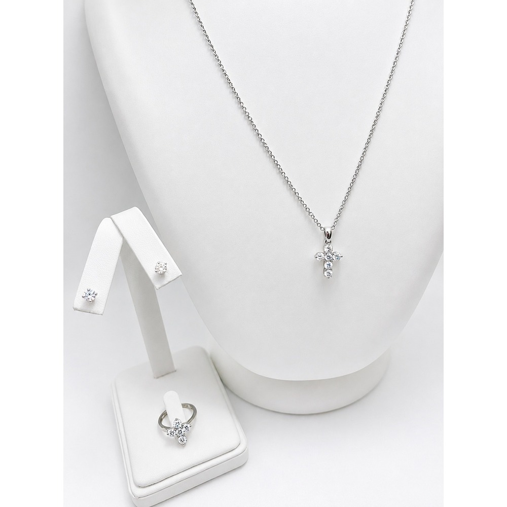 Sterling Silver Diamond Cross Jewelry Set Ring Earrings Necklace Size 5